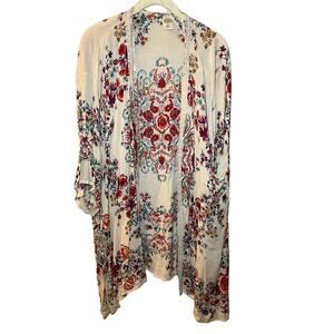 Bila Boho Cardigan Sweater Women's M/L Beige Red Floral 100% Rayon Open Front